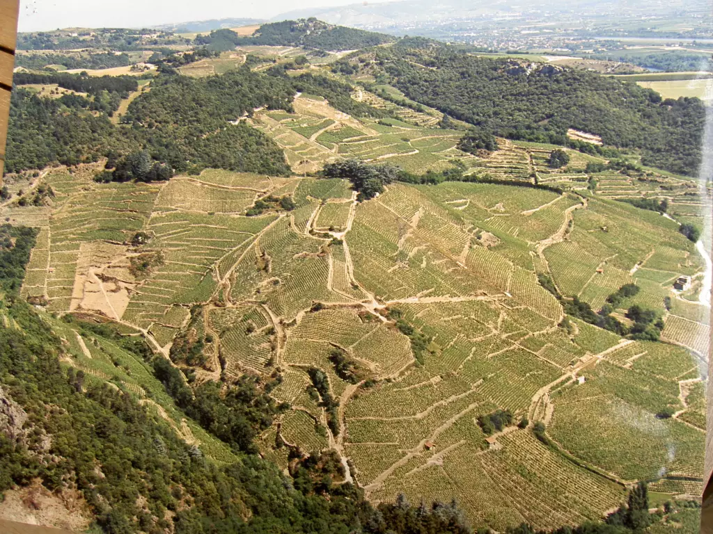 Cornas vu d'hélicoptère, le vignoble de la Geynale entoure la petite cabanne que l'on distingue dans le centre bas de l'image