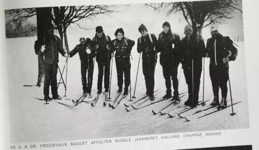 L'équipage de la Haute Route du Jura en 1976 (Maurice Chappaz est le deuxième en partant de la droite). 